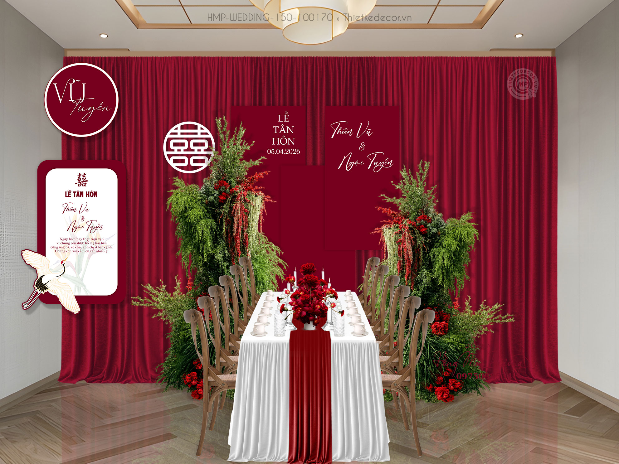 File thiết kế Gia tiên, trang trí tiệc cưới đẹp tone đỏ kèm tem tag